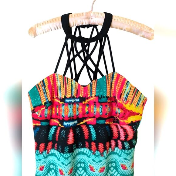 Bold Colored Tribal-Print Criss-Cross Halter Dress Size M (NWOT) - Picture 4 of 7